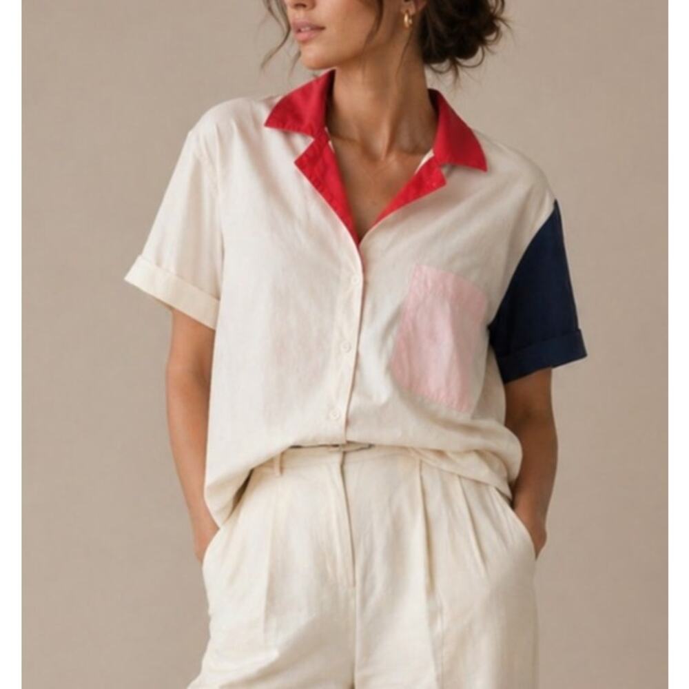 WRAY Womens Color Block Camp Button-Up Shirt XXS Euro Artsy Scandi Retro Minimal